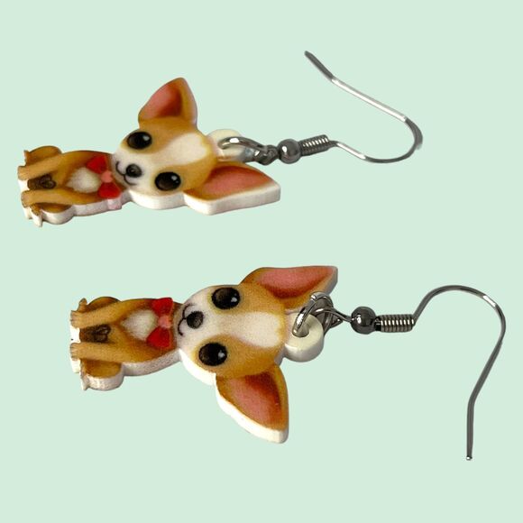 Cute Cartoon Chihuahua Dog Earrings. Acrylic Double-Sided Print Earrings - Picture 3 of 5
